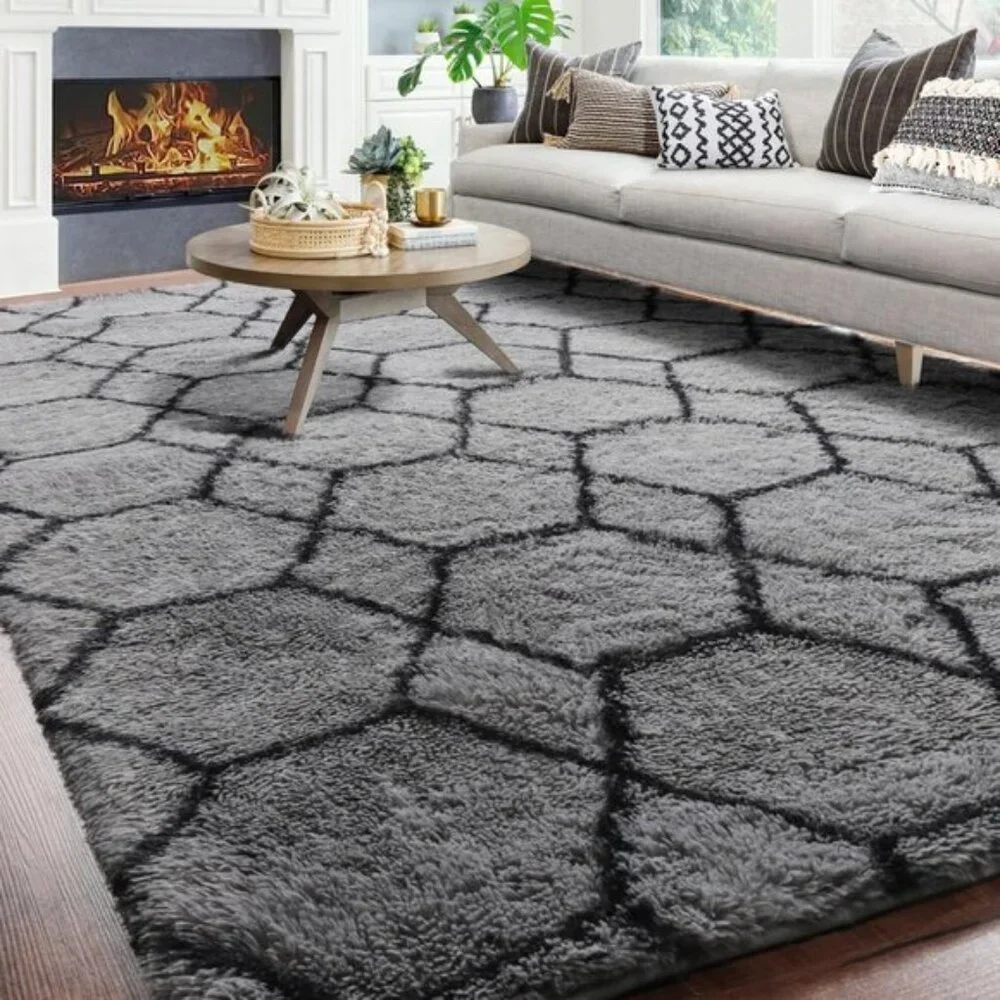 6x9 Area Rug, Washable Fluffy Grey Black Geometric Shag Carpet for Home Decor